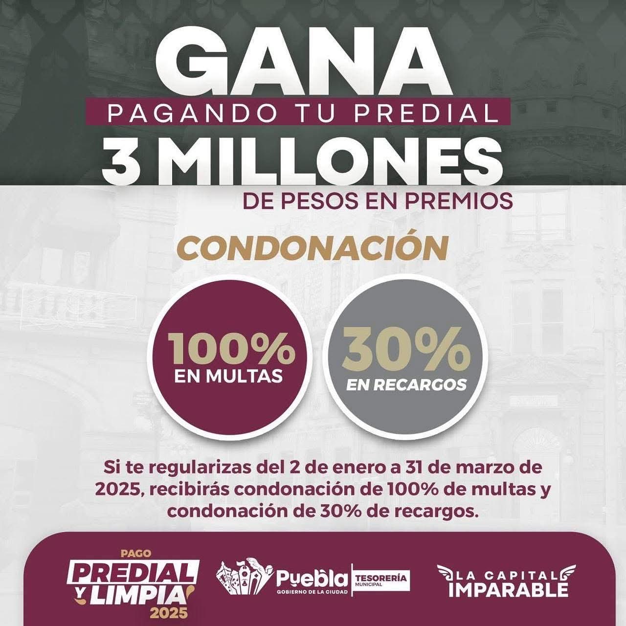 🙋‍♀️ ¡Aún tienes tiempo! Regularízate pagando tu predial del 2 de enero al 31 de marzo 2025 y recibe: 

✅100% de condonación en multa. 
✅30% de condonación en recargos. 

Juntas y juntos, construimos #LaCapitalImparable.
